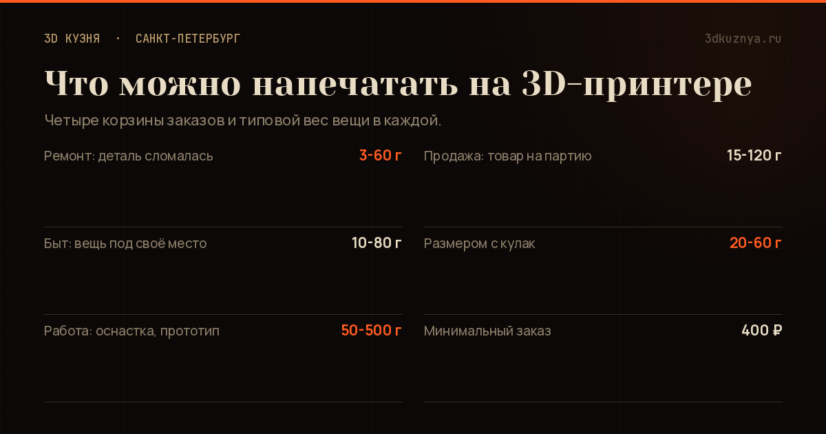Категории изделий 3D-печати: дом, автомобиль, ремонт техники, продажа, с типовым весом и ценой