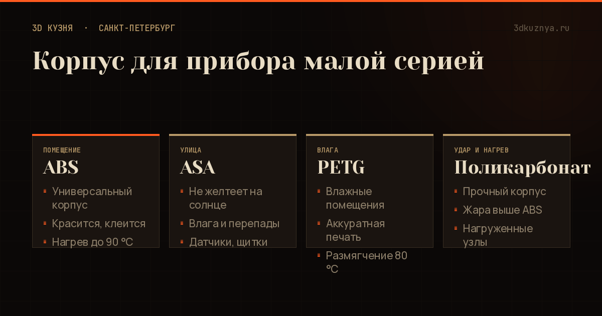 Схема корпуса прибора малой серией: защёлки, бобышки под саморезы, закладные гайки, вентиляция, выбор между ABS, ASA, PETG и поликарбонатом