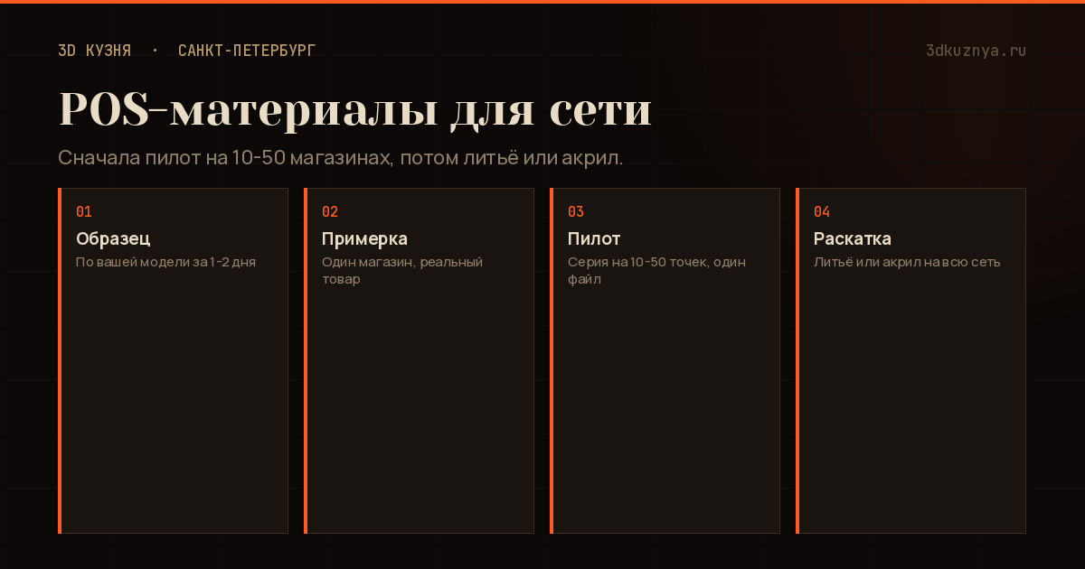 Инфографика: пилот POS-материалов для торговой сети, воблер, шелфтокер, держатель, диспенсер, разделитель, правки и переход к литью или акрилу